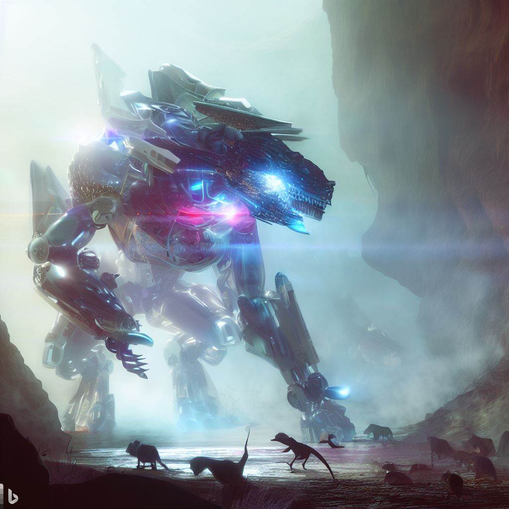 futuristic dinosaur mech with shattered glass body and glowing eyes being hunted while fighting in canyon, animals in foreground, detailed fog, lens flare, realistic h.r. giger style 1.jpg